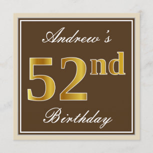 Invitation Elégant, Brown, Faux Gold 52e anniversaire + Nom