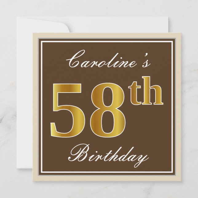 Invitation Elégant, Brown, Faux Gold 58ème anniversaire + Nom (Devant)