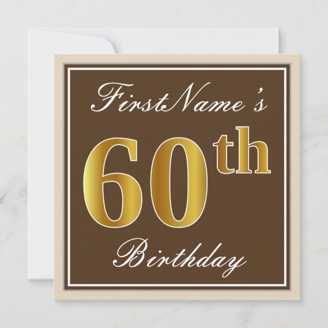 Invitation Elégant, Brown, Faux Gold 60e anniversaire + Nom (Devant)