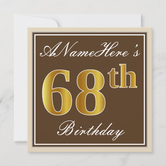 Invitation Elégant, Brown, Faux Gold 68ème anniversaire + Nom (Devant)