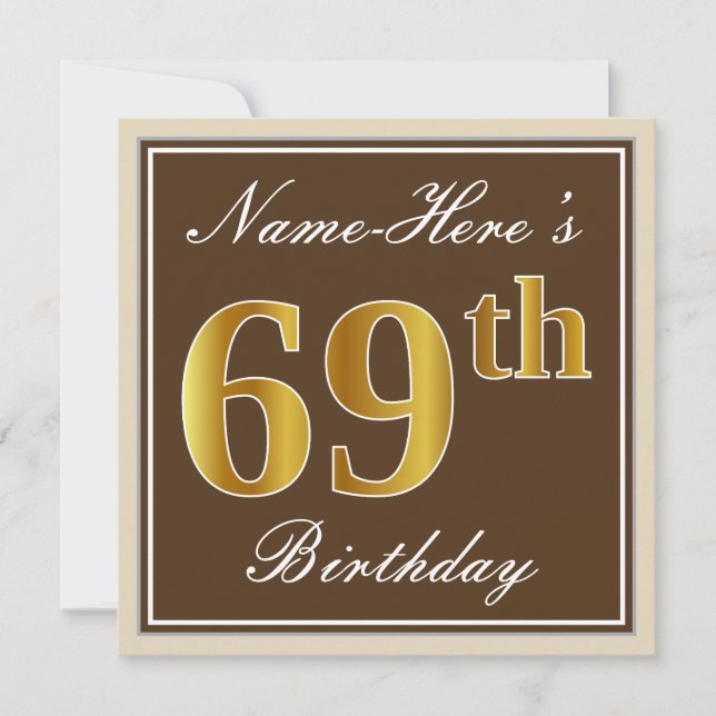 Invitation Elégant, Brown, Faux Gold 69e anniversaire + Nom (Devant)