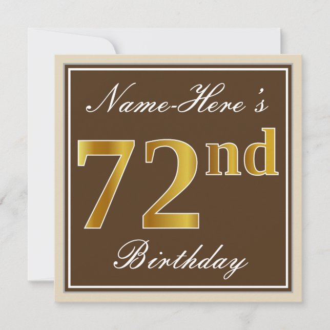 Invitation Elégant, Brown, Faux Gold 72e anniversaire + Nom (Devant)