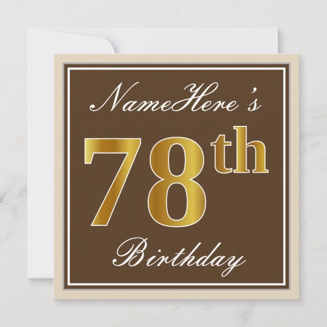 Invitation Elégant, Brown, Faux Gold 78ème anniversaire + Nom (Devant)