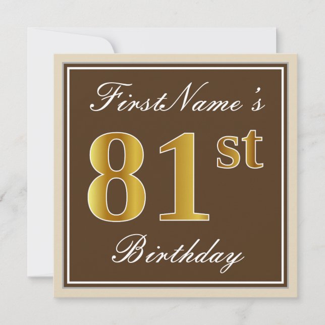 Invitation Elégant, Brown, Faux Gold 81ème Anniversaire + Nom (Devant)