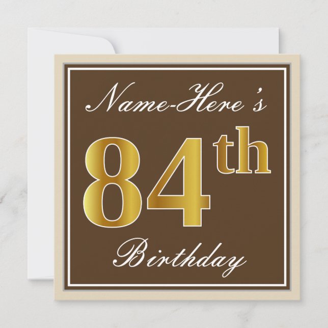Invitation Elégant, Brown, Faux Gold 84ème anniversaire + Nom (Devant)