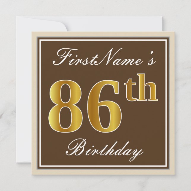 Invitation Elégant, Brown, Faux Gold 86ème anniversaire + Nom (Devant)