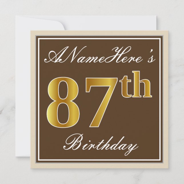 Invitation Elégant, Brown, Faux Gold 87ème anniversaire + Nom (Devant)