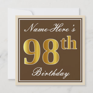 Invitation Elégant, Brown, Faux Gold 98ème anniversaire + Nom