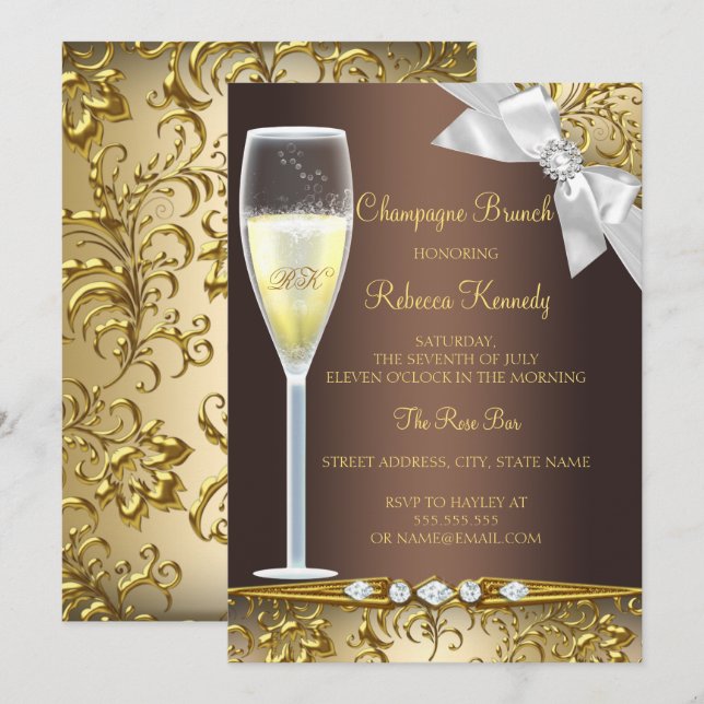 Invitation Elégant Brown Gold Blanc Champagne Brunch Invitati (Devant / Derrière)