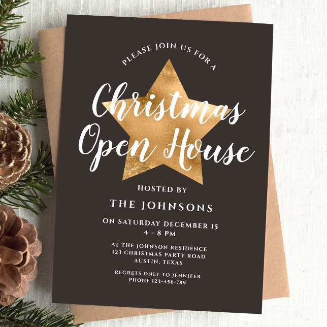 Invitation Élégant Brown Gold Star Noël Open House (Elegant Brown Gold Star Christmas Open House Invitation)