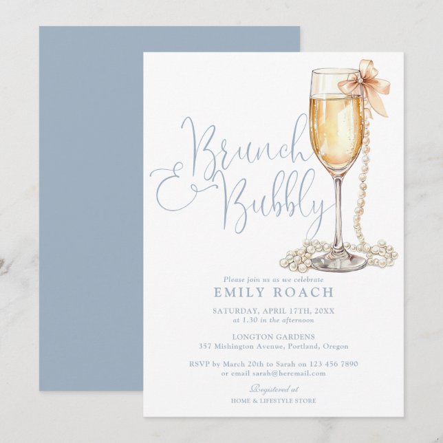 Invitation Elégant Brunch Bleu Dusty Et Fête des mariées Bubb (Devant / Derrière)