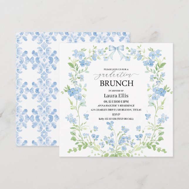 Invitation Elégant brunch de graduation floral bleu Invitatio (Devant / Derrière)