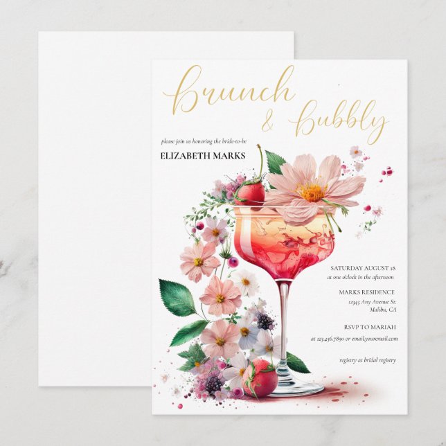 Invitation Elégant Brunch Floral & Fête des mariées Bubbly In (Devant / Derrière)