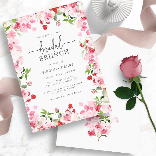 Invitation Élégant Brunch nuptial floral (Elegant Red and Pink Bridal Brunch Invitation - Watercolor Red and Pink Floral)