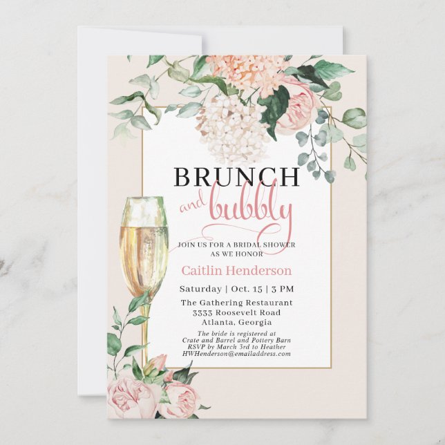Invitation Elégant Brunch rose et Bubbly Fête des mariées Inv (Devant)