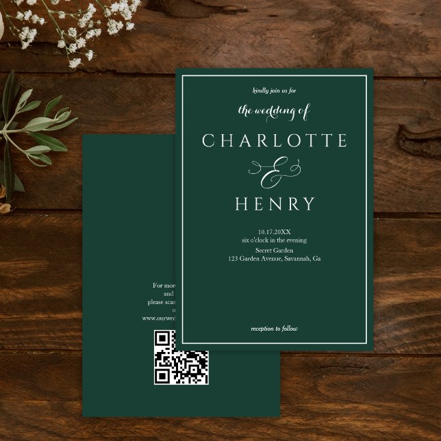 Invitation Élégant budget Emerald Green Qr Code Mariage (Créateur téléchargé)