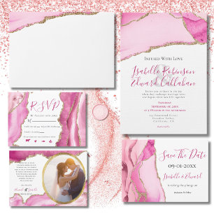 Invitation Élégant budget rose & or Agate Mariage en pierre