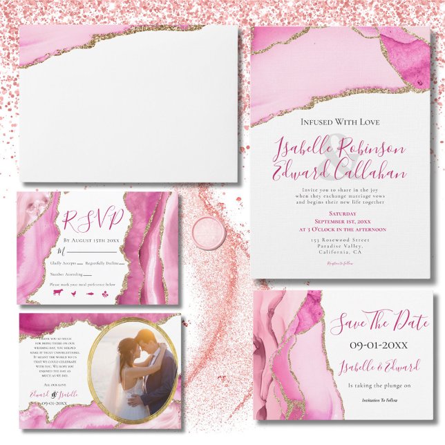 Invitation Élégant budget rose & or Agate Mariage en pierre (Créateur téléchargé)