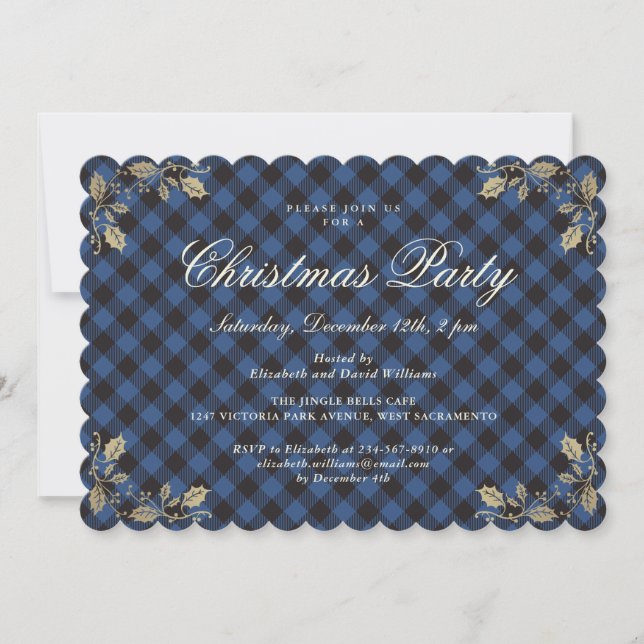 Invitation Élégant Buffle Bleu Plaid Fête de Noël (Devant)