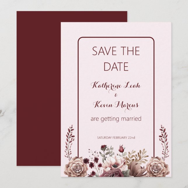 Invitation Elégant Burgandy Dusty Rose Floral Enregistrer la  (Devant / Derrière)
