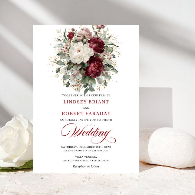 Invitation Elegant Burgundy and White Flowers Wedding Invite (Elegant Burgundy and White Flowers Wedding Invitation)