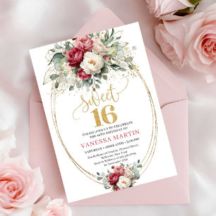Invitation Élégant Burgundy Blanc Or Floral Sweet Seize Ans 