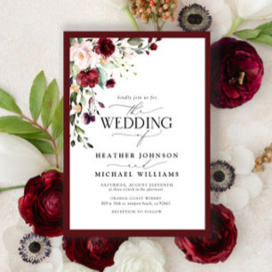 Invitation Élégant Burgundy Blush Floral Aquarelle Script