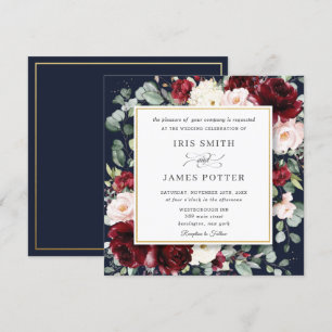 Invitation Élégant Burgundy Blush Floral Navy Mariage Carré