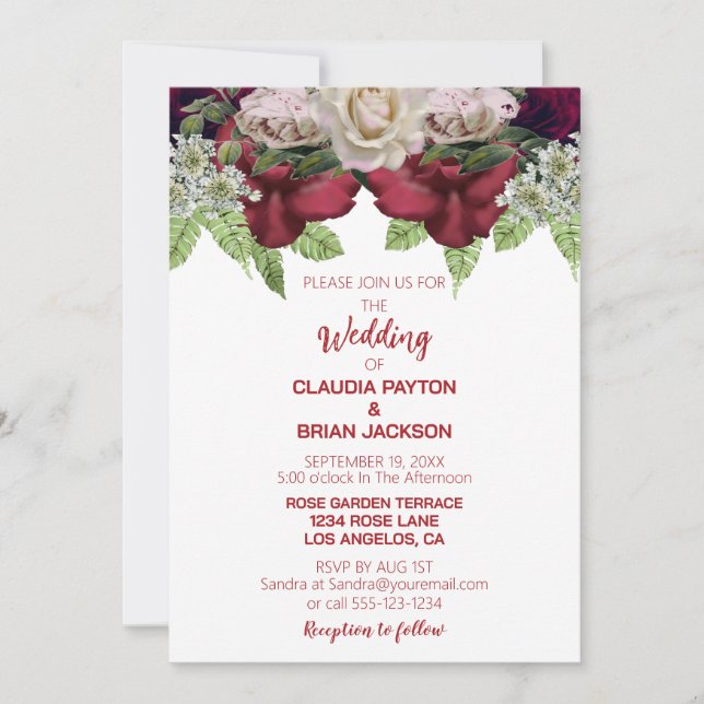 Invitation Elegant Burgundy Blush Floral White Wedding (Devant)