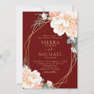 Invitation Élégant Burgundy Blush Gold Peach Mariage Floral