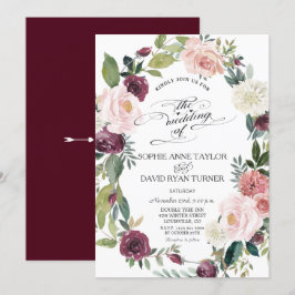 Invitation Élégant Burgundy Blush Ivory Floral Wreath Mariage