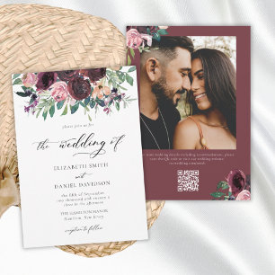 Invitation Elégant Burgundy Blush QR Code Mariage photo