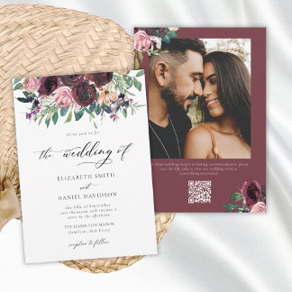 Invitation Elégant Burgundy Blush QR Code Mariage photo