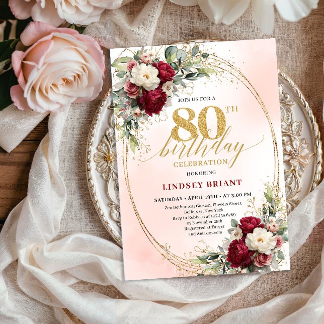 Invitation Elegant Burgundy Boho Botanical 80th Birthday   (Elegant Burgundy Boho Botanical 80th Birthday Invitation)