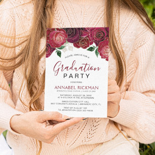 Invitation Élégant Burgundy Floral Graduation Party