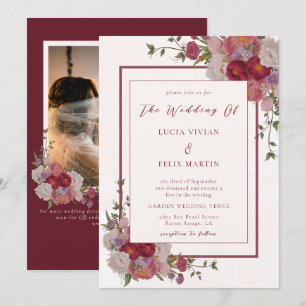 Invitation Élégant Burgundy Floral QR Code Mariage photo