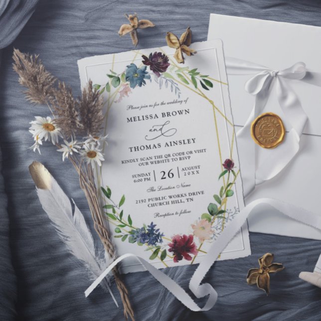 Invitation Elegant Burgundy Flowers Budget QR Code Wedding (Créateur téléchargé)