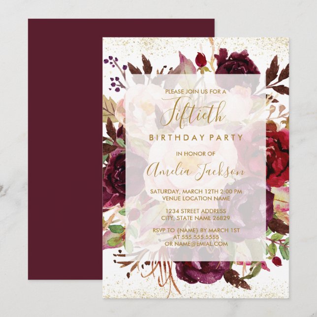 Invitation Elégant Burgundy Gold 50e anniversaire (Devant / Derrière)