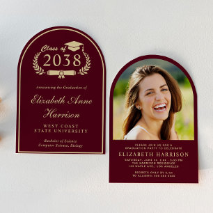 Invitation Elégant Burgundy Gold Arch Photo Party