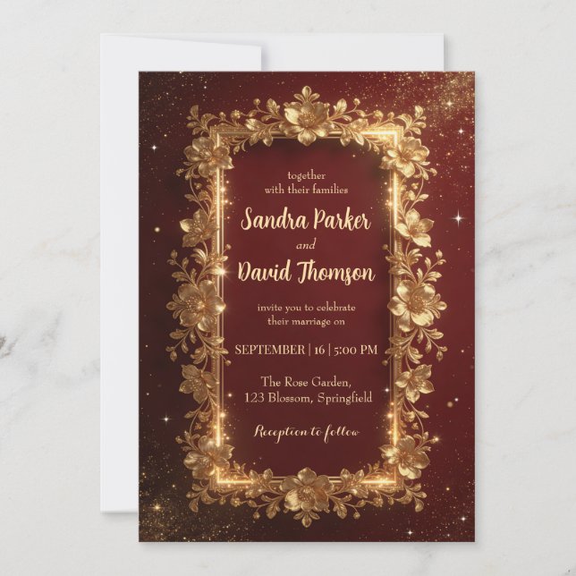 Invitation Elegant Burgundy & Gold Floral Frame Wedding  (Devant)