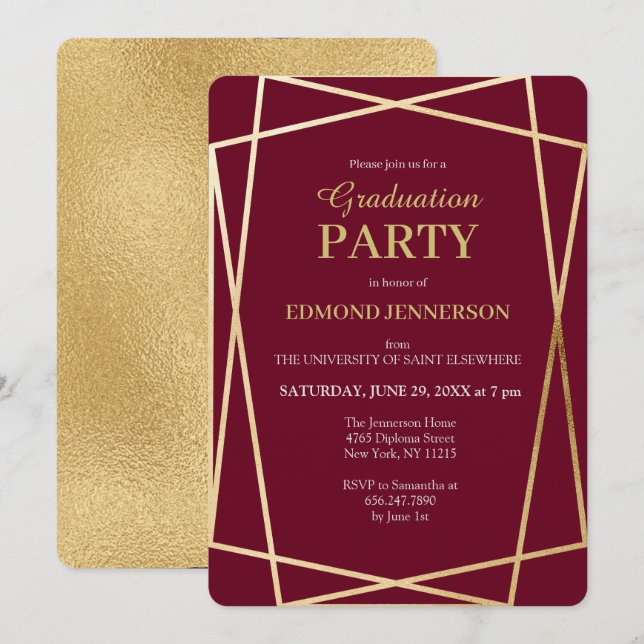 Invitation Elégant Burgundy Gold Geometry Graduation Party (Devant / Derrière)