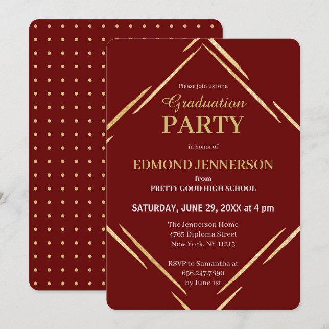 Invitation Élégant Burgundy Gold High School Party (Devant / Derrière)
