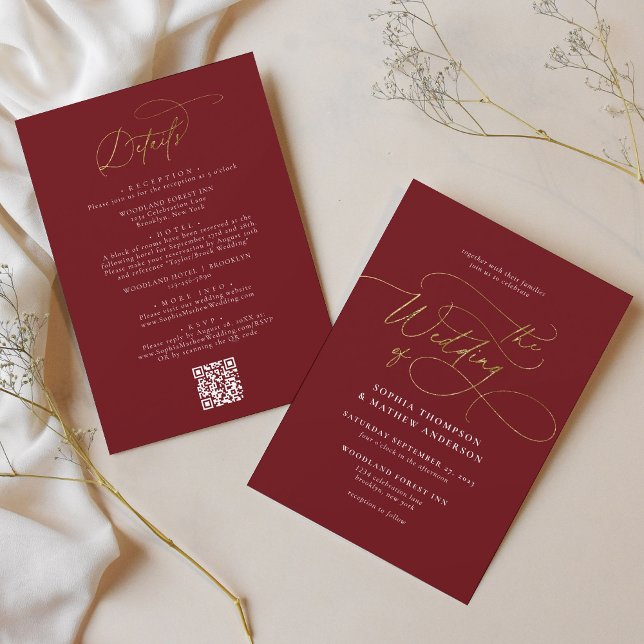 Invitation Elégant Burgundy Gold QR Code Tout en un Mariage (Créateur téléchargé)