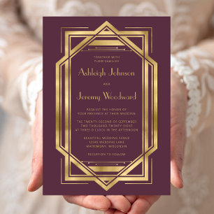 Invitation Elégant Burgundy Gold Vintage 1920 Déco Mariage