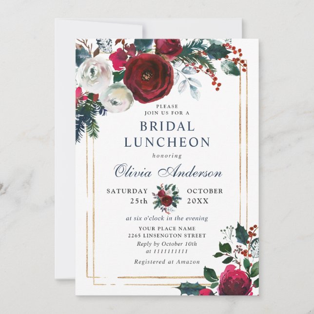 Invitation Élégant Burgundy Hiver Roses BRIDAL LUNCHEON (Devant)