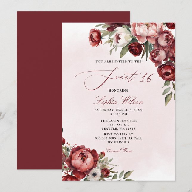 Invitation Élégant Burgundy Moderne Blush Floral Sweet 16 (Devant / Derrière)
