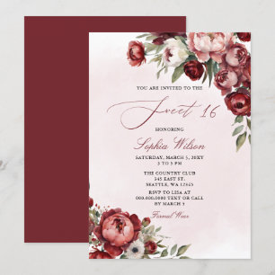 Invitation Élégant Burgundy Moderne Blush Floral Sweet 16
