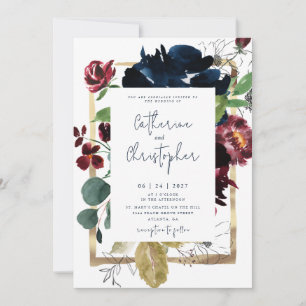 Invitation Elégant Burgundy Navy Blue Floral Garden Mariage