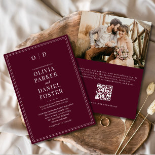 Invitation Elégant Burgundy Photo QR Code Mariage