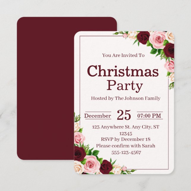 Invitation Elegant Burgundy Pink Floral Christmas Party (Devant / Derrière)